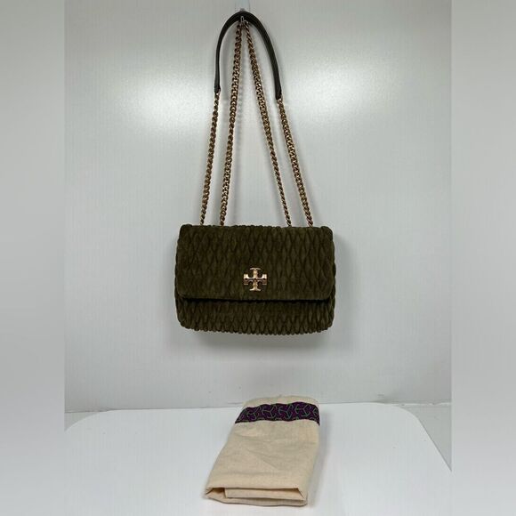 Tory Burch Kira Ruched Small Convertible Shoulder Bag Velvet Green - Picture 2 of 12